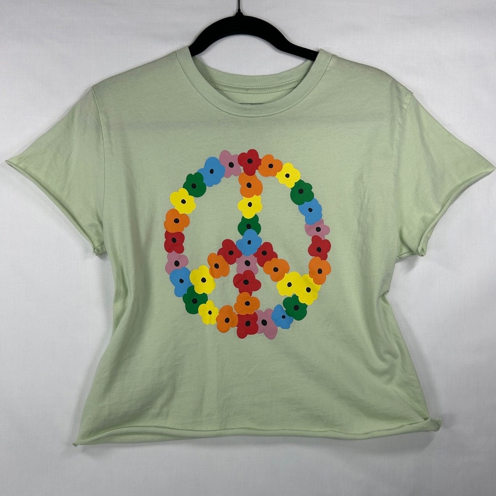 The Phluid Project Peace Sign Floral T-Shirt Small Sage Green Graphic Tee